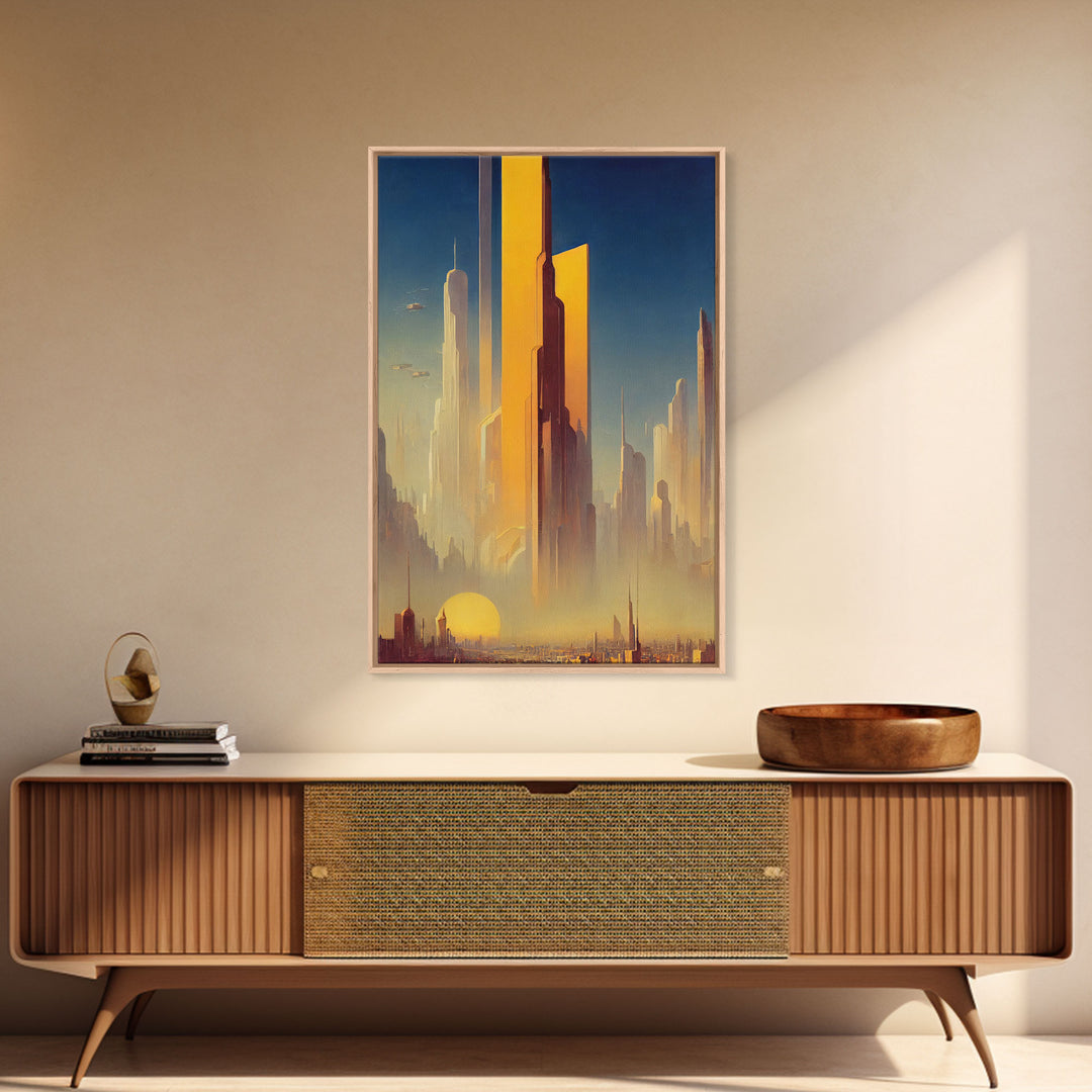 Huge Cyberpunk Desert Metropolis, Video game concept art, Framed Canvas Print, Ready To Hang Framed Wall Art, Living Room Decor