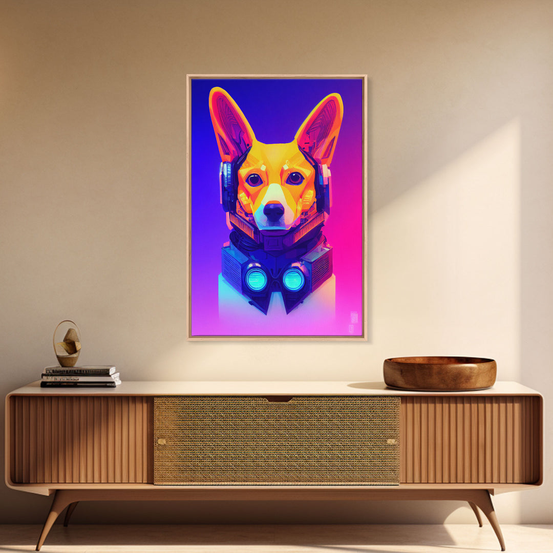 Cyberpunk Corgi Portrait, Futuristic Corgi, Framed Canvas Print, Ready To Hang Framed Wall Art, Living Room Wall Hanging