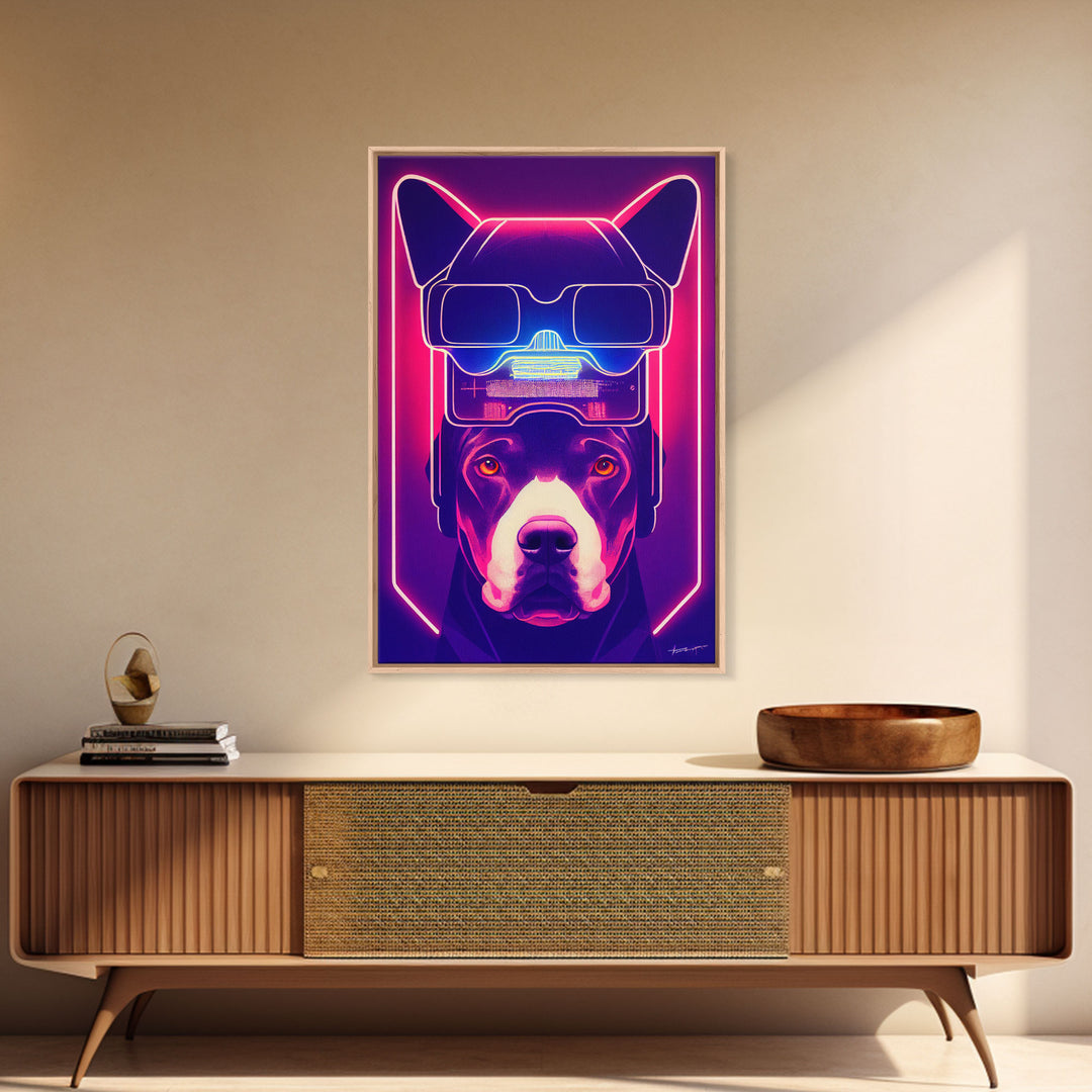 Cyberpunk Pitbull Portrait, Futuristic Dog Portrait, Framed Canvas Print, Ready To Hang Framed Wall Art, Living Room Wall Hanging