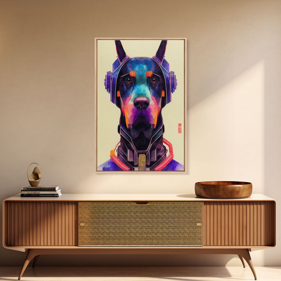 Cyberpunk Dobermann Pinscher Portrait, Watercolor, Framed Canvas Print, Ready To Hang Framed Wall Art, Living Room Wall Hanging