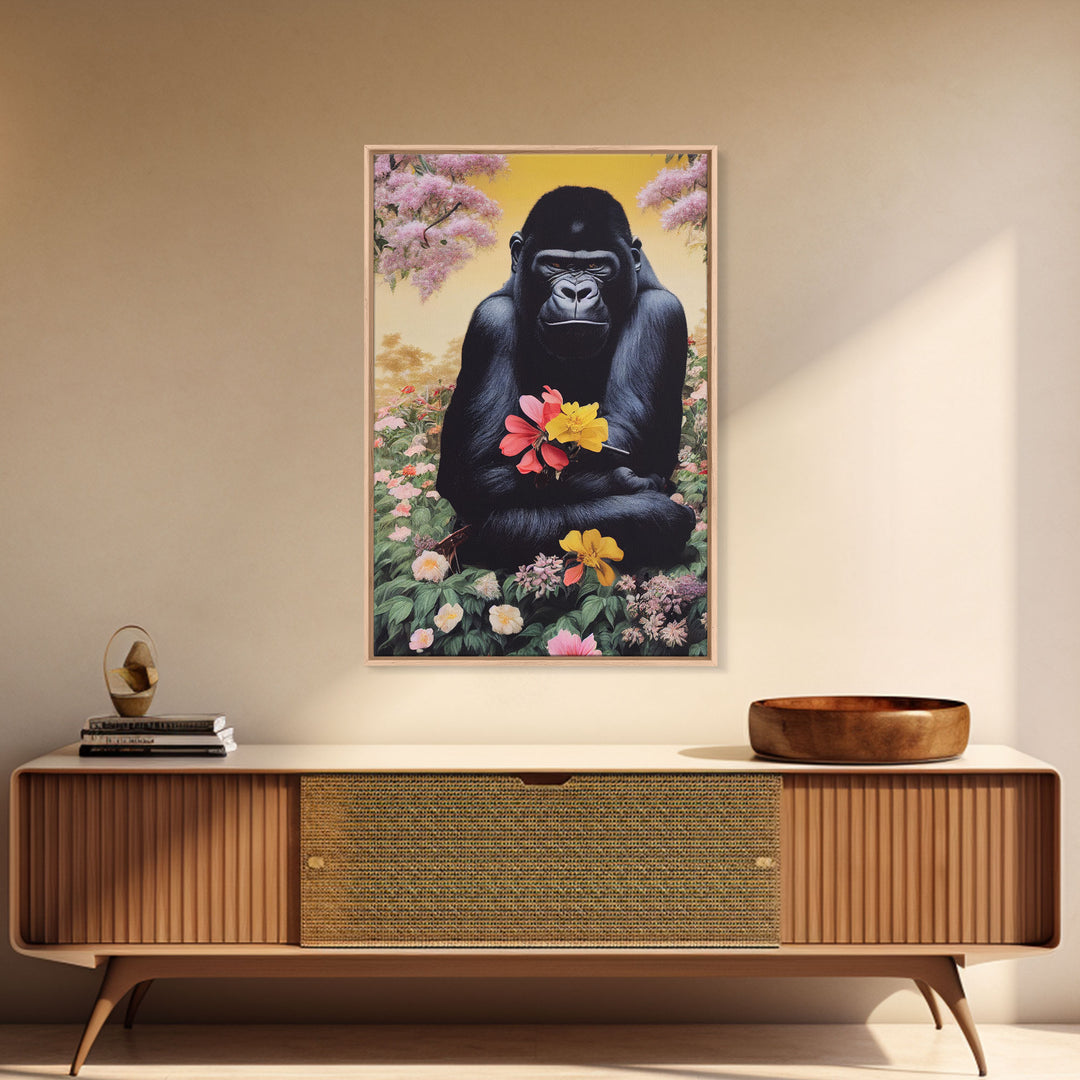 Portrait of a happy gorilla holding flowers, Framed Canvas Print, Ready To Hang Framed Wall Art