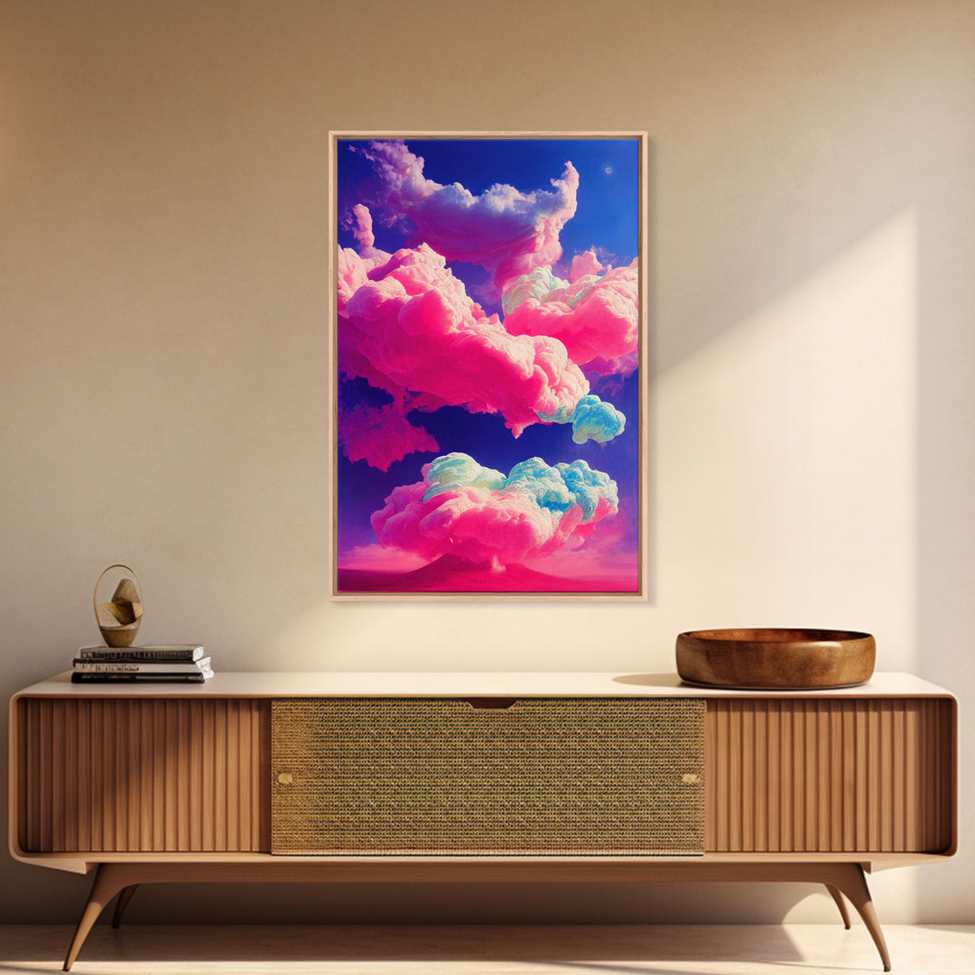 Bubble Gum Clouds, Trippy Psychedelic Surrealist Cloud Art, Framed Canvas Print, Ready To Hang Framed Wall Art