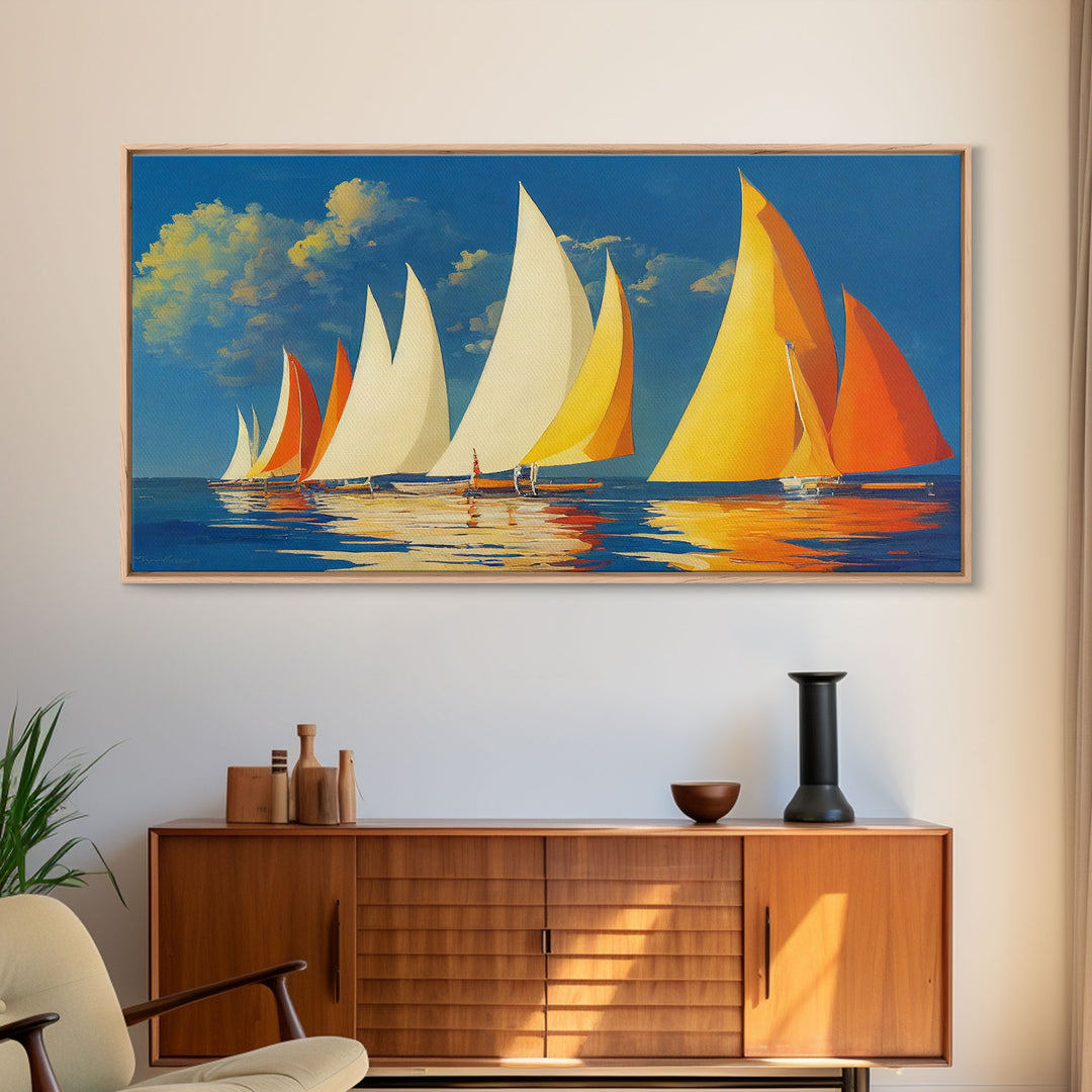 Art Deco Sailboats, Sailing Art, Sailing on the open sea, Wall Decor, Ready To Hang Framed Canvas Print, Oversize Wall Art