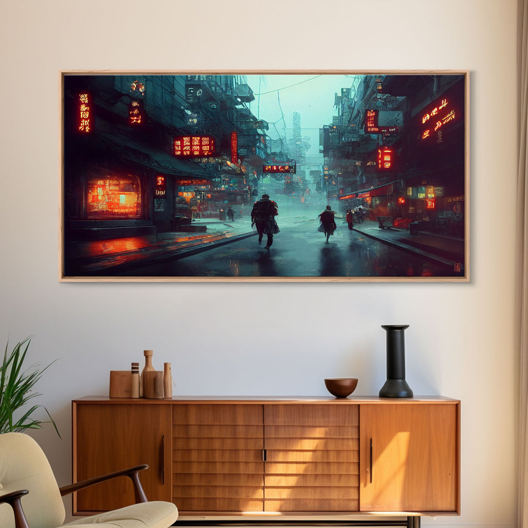 Cyberpunk City, Bladerunner Vibes Dystopian Cityscape, Wall Decor, Ready To Hang Framed Canvas Print, Oversize Wall Art