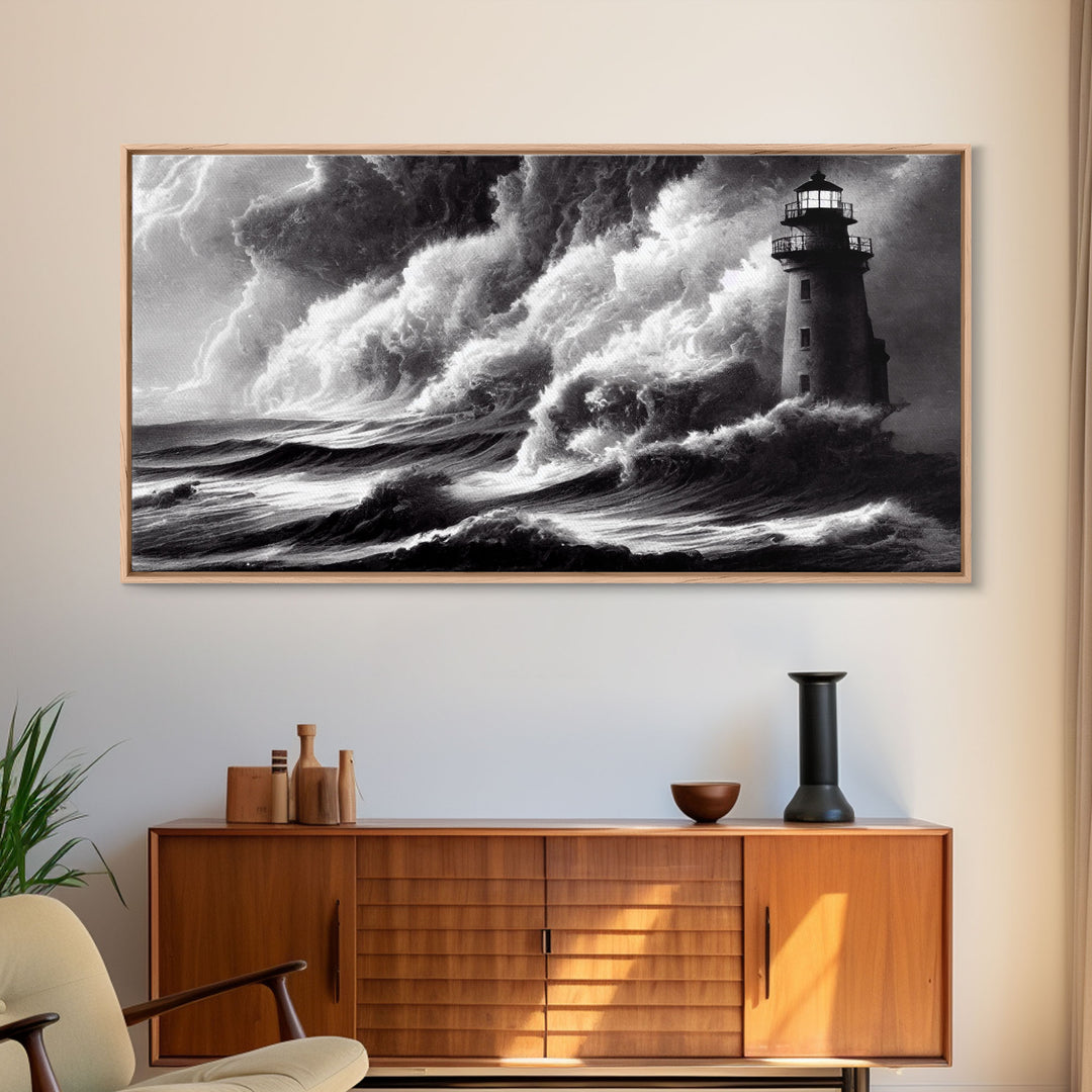 Lighthouse in a storm, black and white, tsunami waves, framed canvas print, ready to hang framed wall art