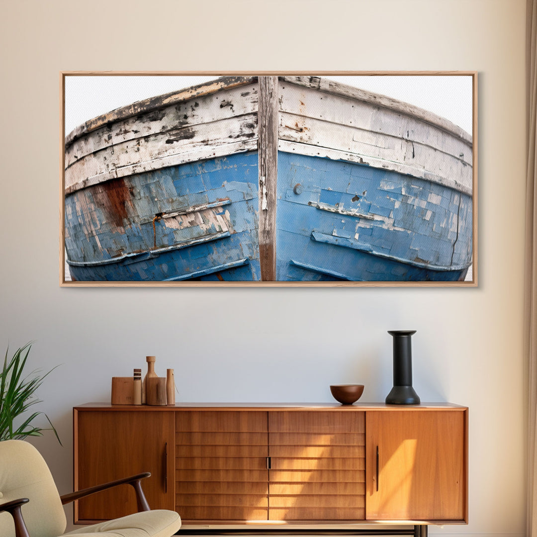 Photo Of An Old Wooden Boat With Peeling Paint, Framed Canvas Print, Nautical Wall Art, Lakehouse Decor