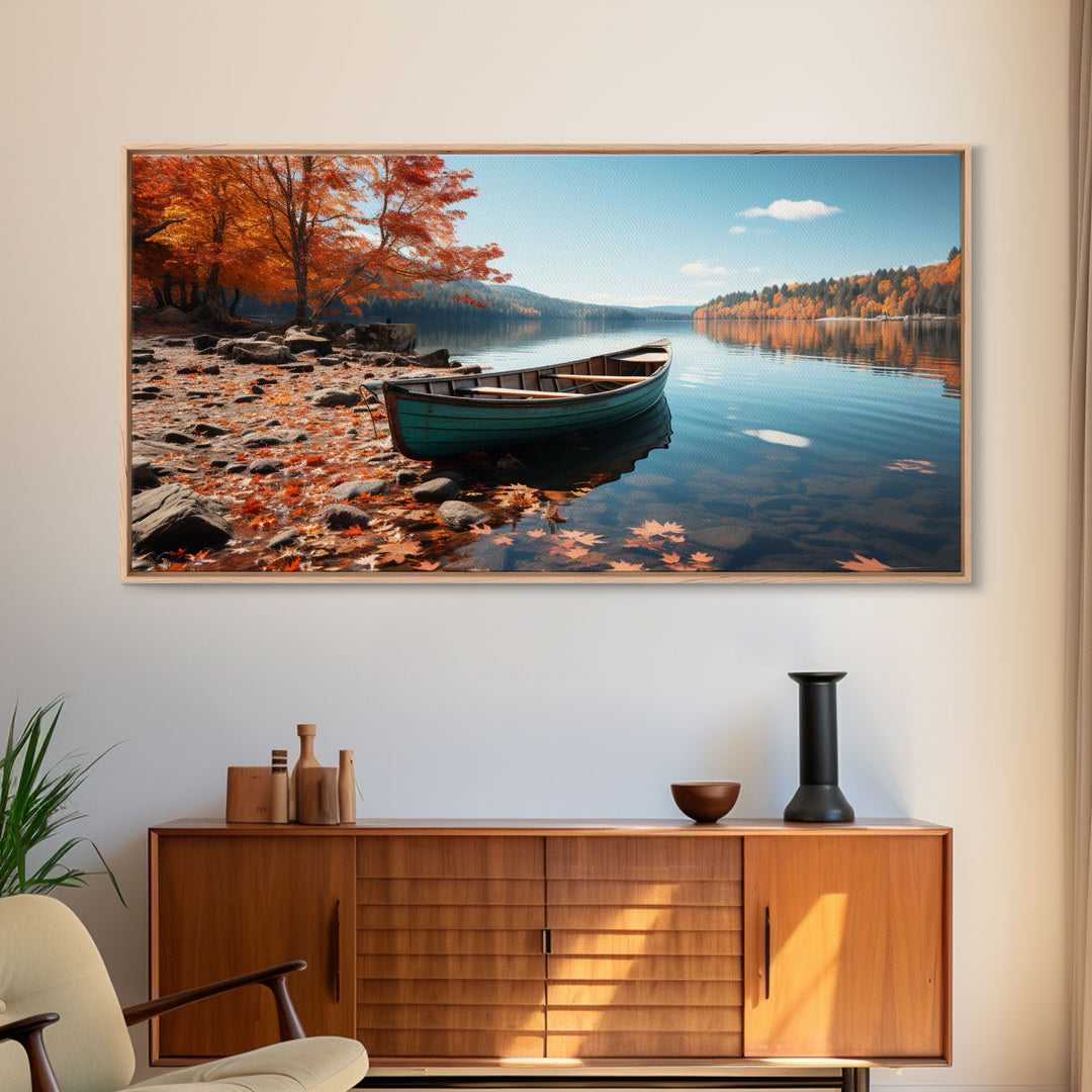 Pacific Northwest Photography Print, Beautiful Lake With Canoe In The Fall, Framed Canvas Print, Photography Decor, Fall Decor