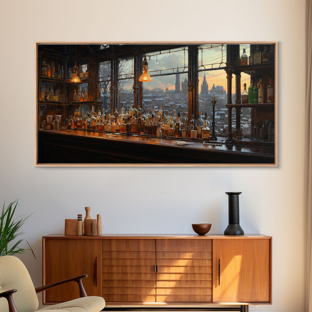 Old Timey Western Bar, Oil Painting Of A Vintage Bar Overlooking The City, Kitchen Art, Kitchen Wall Art, Home Bar Decor, Bar Cart Art