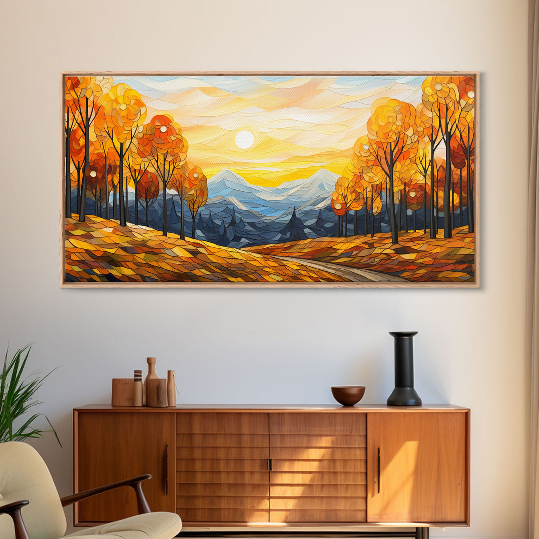 Fall Trees, Autumn Wall Art, Abstract Nature Painting, Sunset Art, College Dorm Decor, Camper Wall Decor, Canvas Wall Art, Panoramic Art