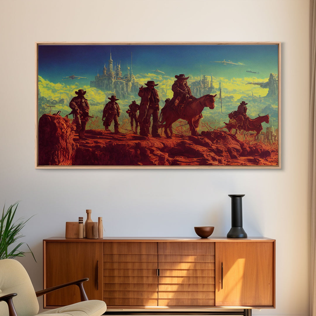 Space Cowboys, Wildwest Scifi Mashup Fantasy Art, framed canvas print, ready to hang framed wall art