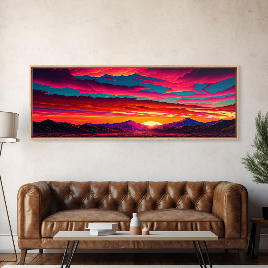 Panoramic Framed Canvas Print | Desert Mountain Landscape Synthwave Sunset | Living Room, Bedroom, Dining Room, Office