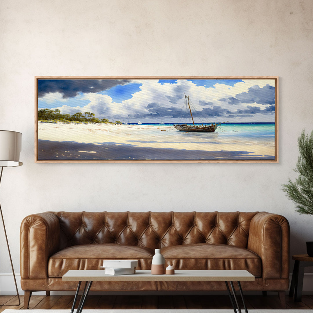 Tropical Shipwreck Island - Framed Canvas Print -Panoramic Beach Art - Blue sky and blue ocean art - nautical sailing decor