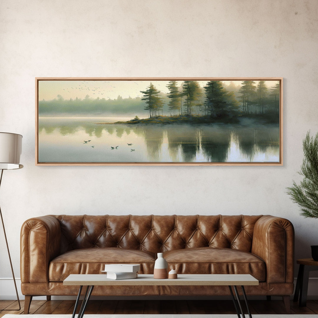 Panoramic Canvas Print of Pacific NW Lake & Forest in Soft Watercolor - Foggy Pine Trees - Framed Wall Art Decor - Framed Wall Art