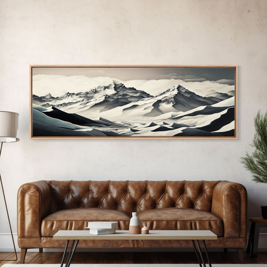 Stunning Panoramic Framed Canvas Print - Black and White Watercolor Landscape Painting - Snow Covered Mountain Art