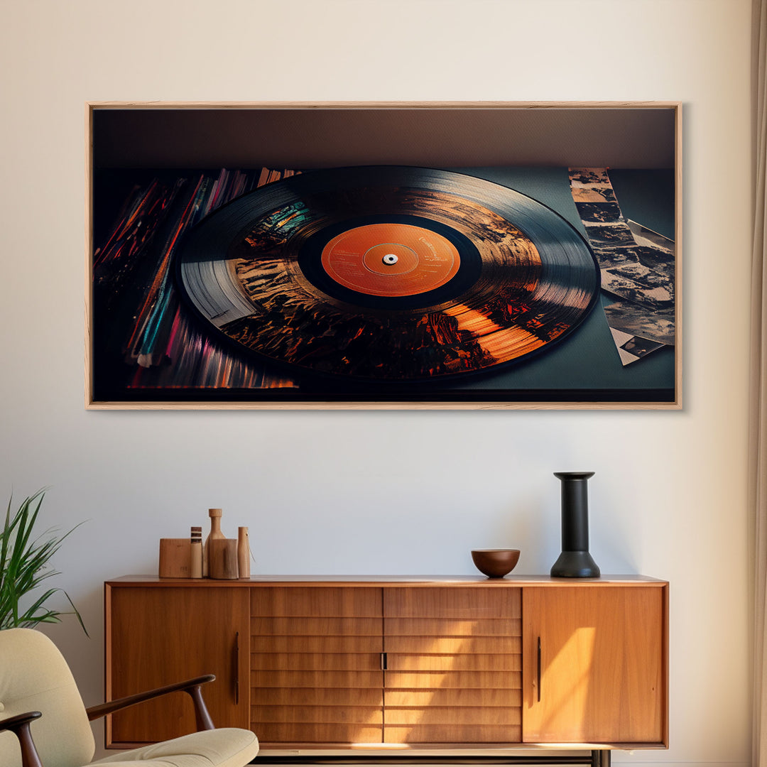 Vinyl record wall art, abstract, mountains double exposure on vinyl, framed canvas print wall art