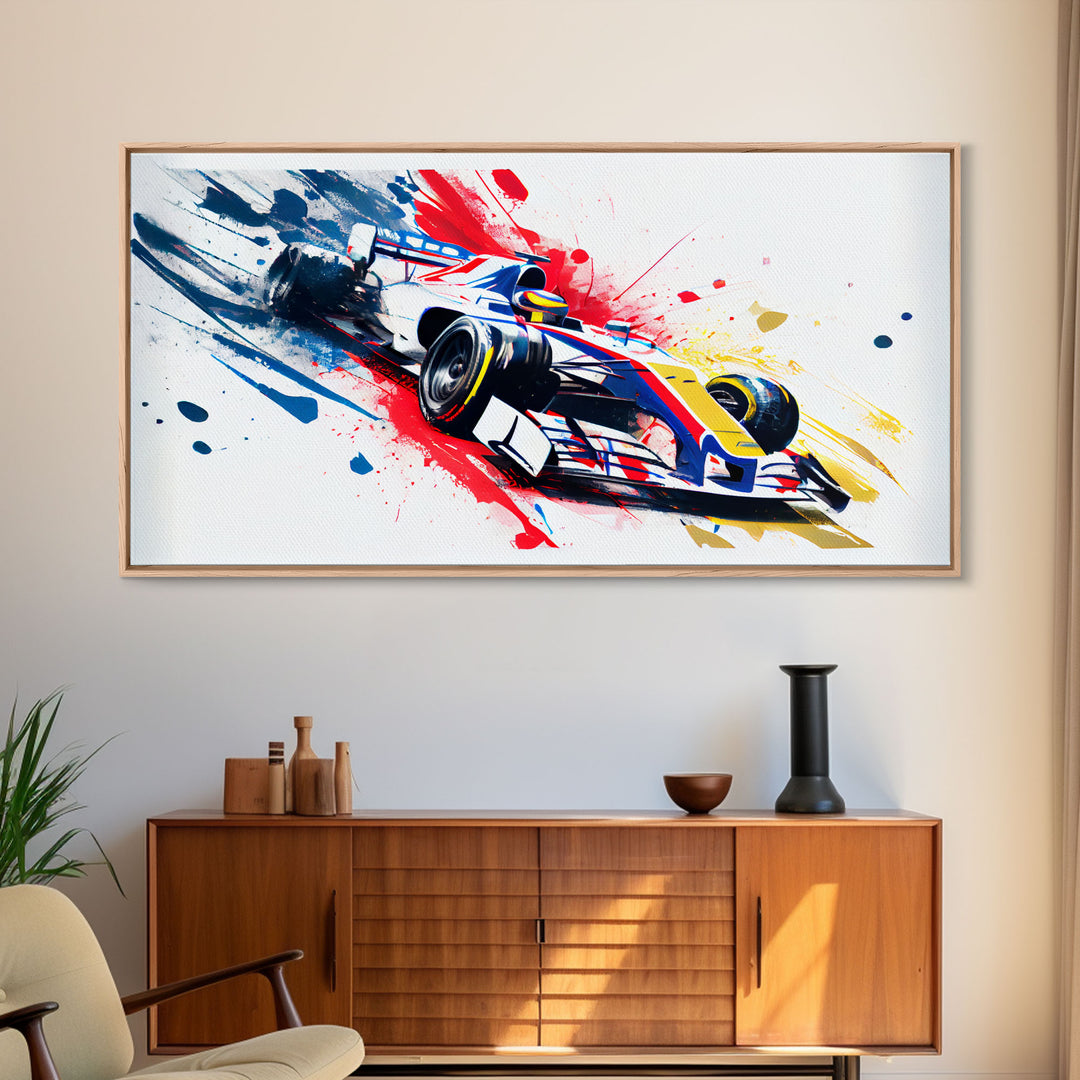 Formula 1 Race Car Graffiti Art, Framed Canvas Print, Wall Art, Mancave Art, F1 Splatter Art