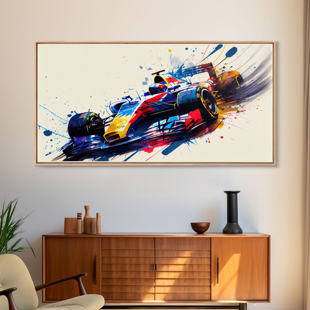 Graffiti Art, Formula One, F1 Race  Car Splatter Paint Art, Framed Canvas Print