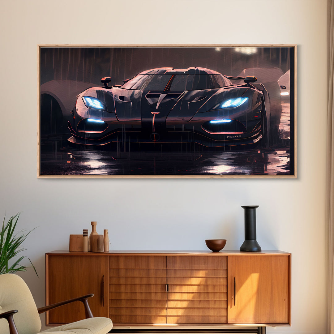 Koenigsegg Agera in the Rain, Supercar Art, Framed Canvas Print