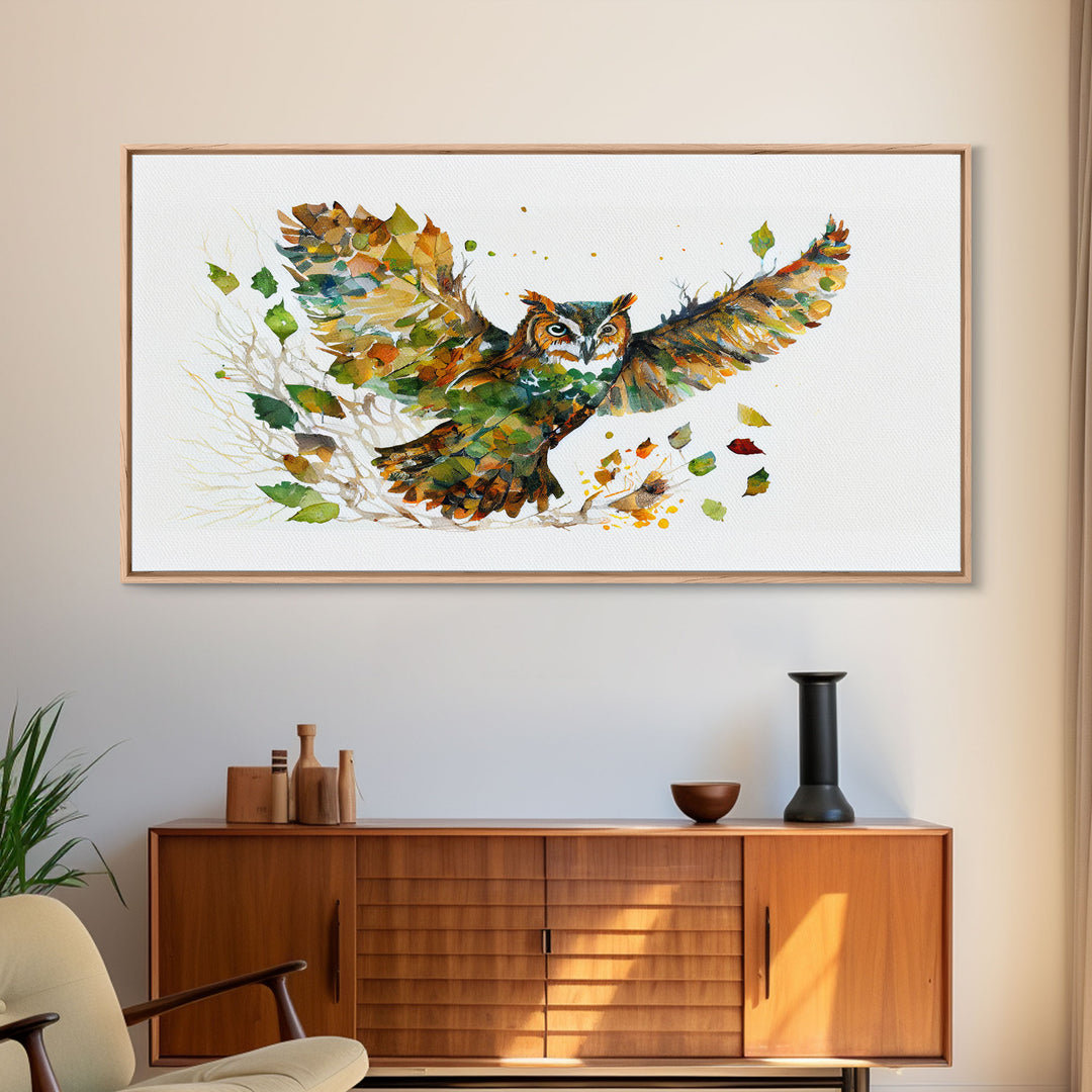 Owl wall art, framed canvas print, owl decor, nature art, owl print, owl painting, owl made of leaves double exposure art