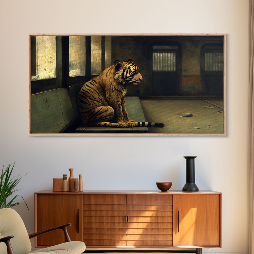 Tiger in a Subway train car, Post-apocalyptic urban decay art, framed canvas print