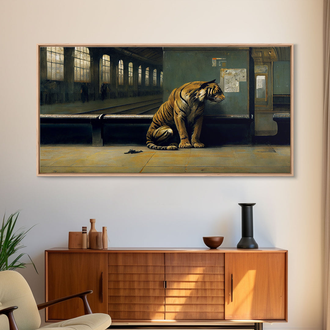 Tiger in a Subway train station, Post-apocalyptic urban decay art, framed canvas print