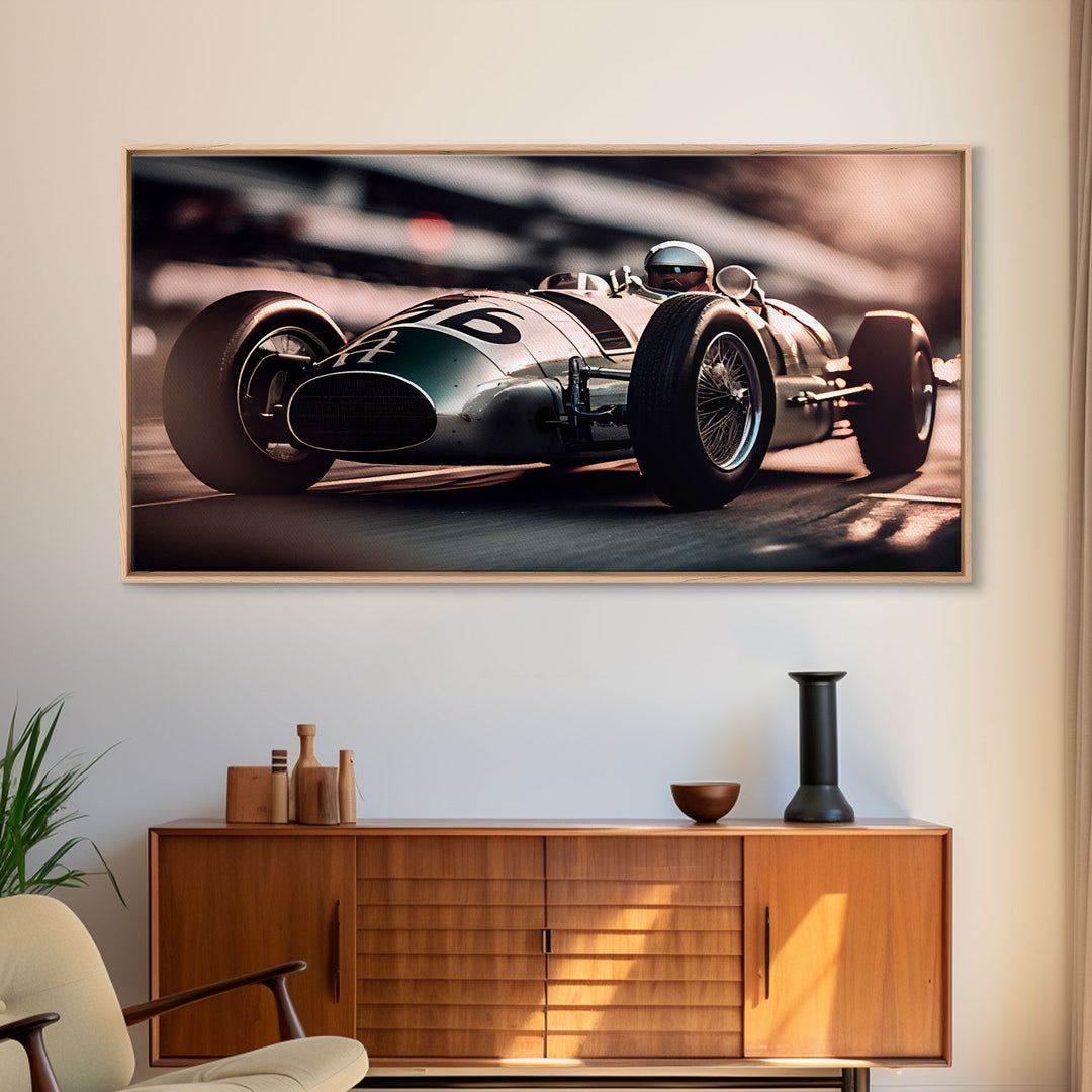 Vintage Race car art, racing art, framed canvas print, old style F1