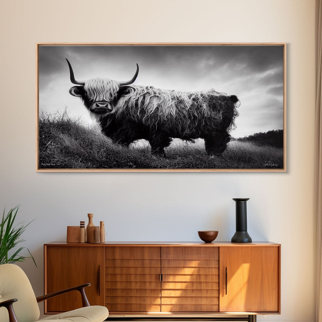 Highland cow, calf art, highland cow black and white watercolor, framed canvas print, bull wall art