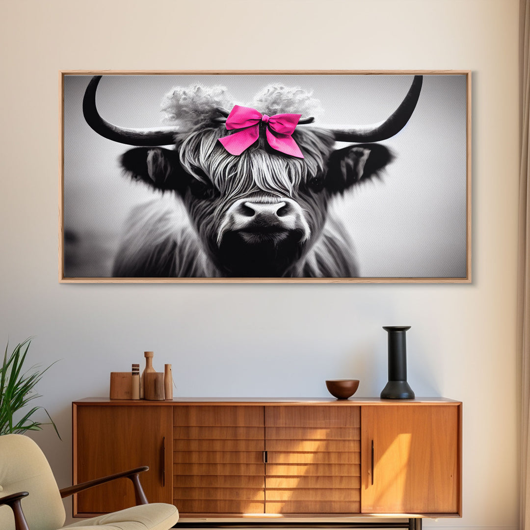 Cute Highland Cow wearing a Bow, Pink Bow on a Cute Cow, framed canvas print, black and white farmhouse cow art