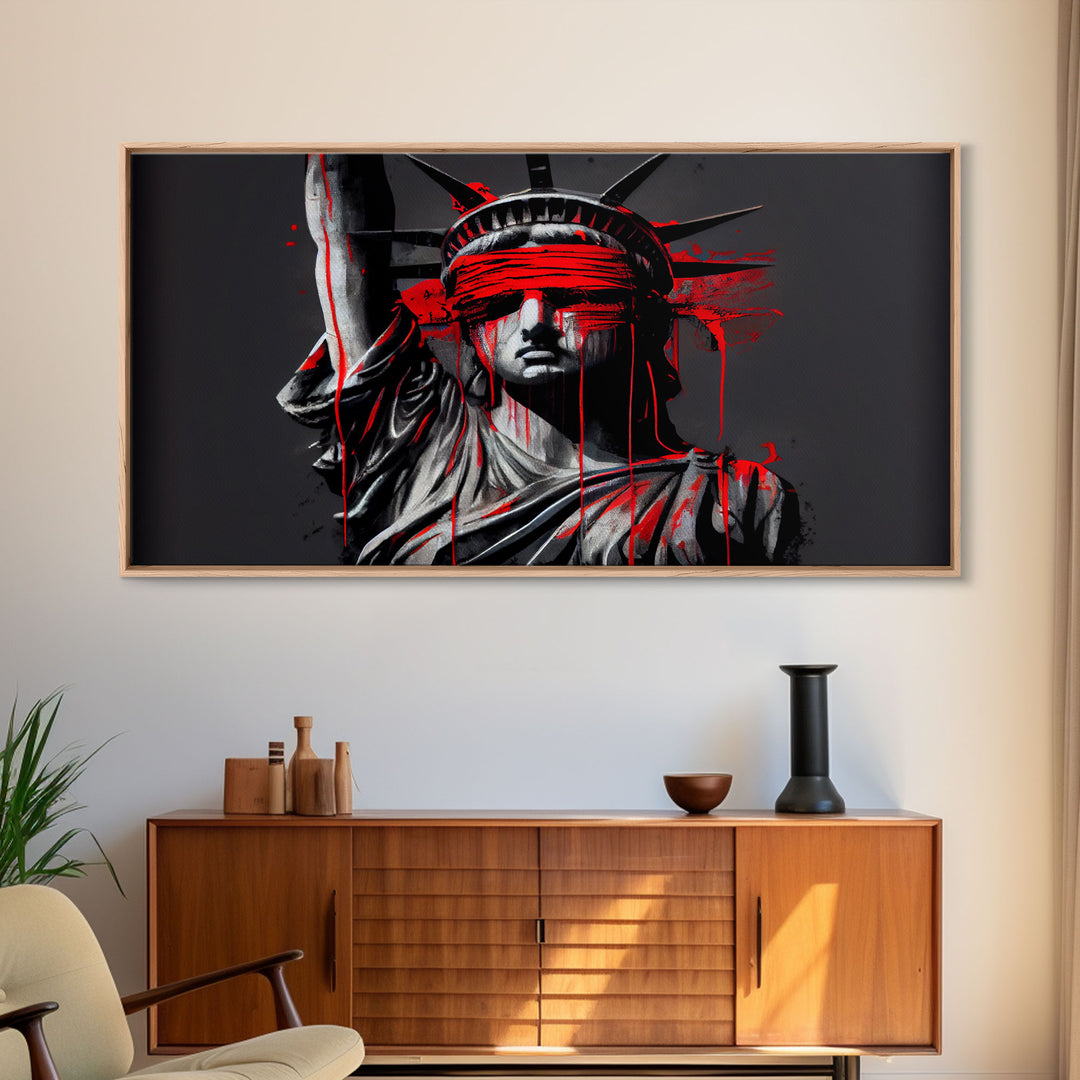 Statue of liberty wearing a bloody blindfold, Dystopian graffiti art, NYC, framed canvas print, pop art Statue of Liberty