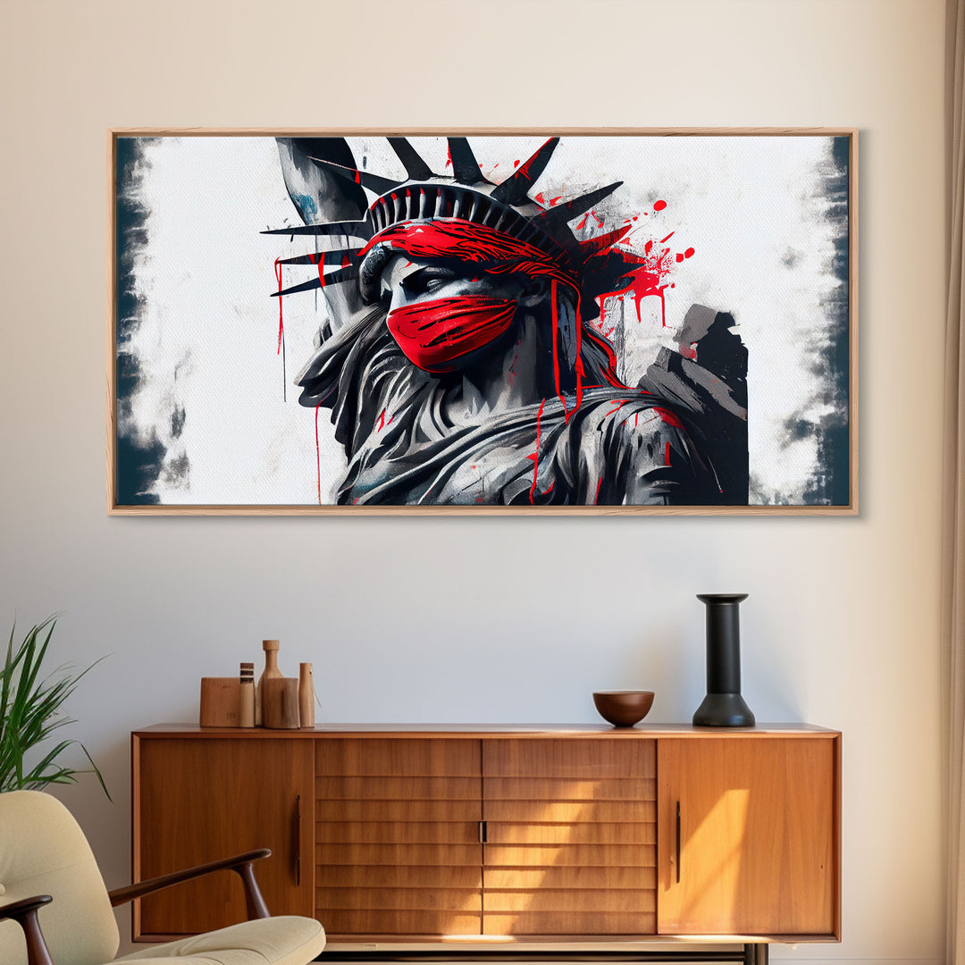 Statue of liberty wearing a bloody Covid mask, Dystopian graffiti art, NYC, framed canvas print, pop art Statue of Liberty