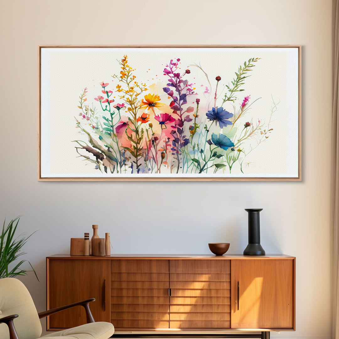 Panoramic Wildflower Canvas Print, Watercolor Flowers, Farmhouse Decor, Meadow Grass, Bedroom Wall Decor, Pastel Colors, Botanical Greenery