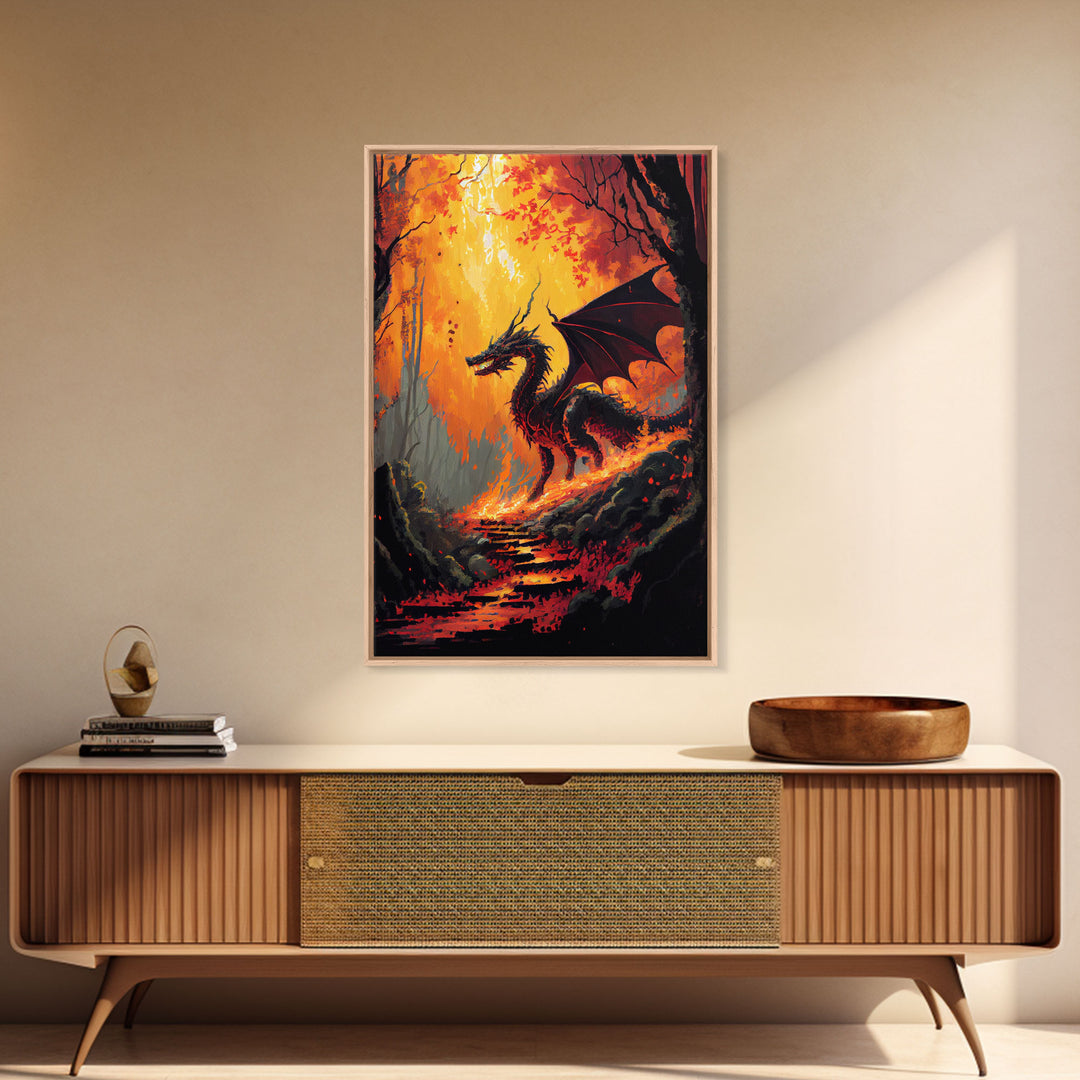 Dragon standing in a burned forest, fantasy art, fine art poster print