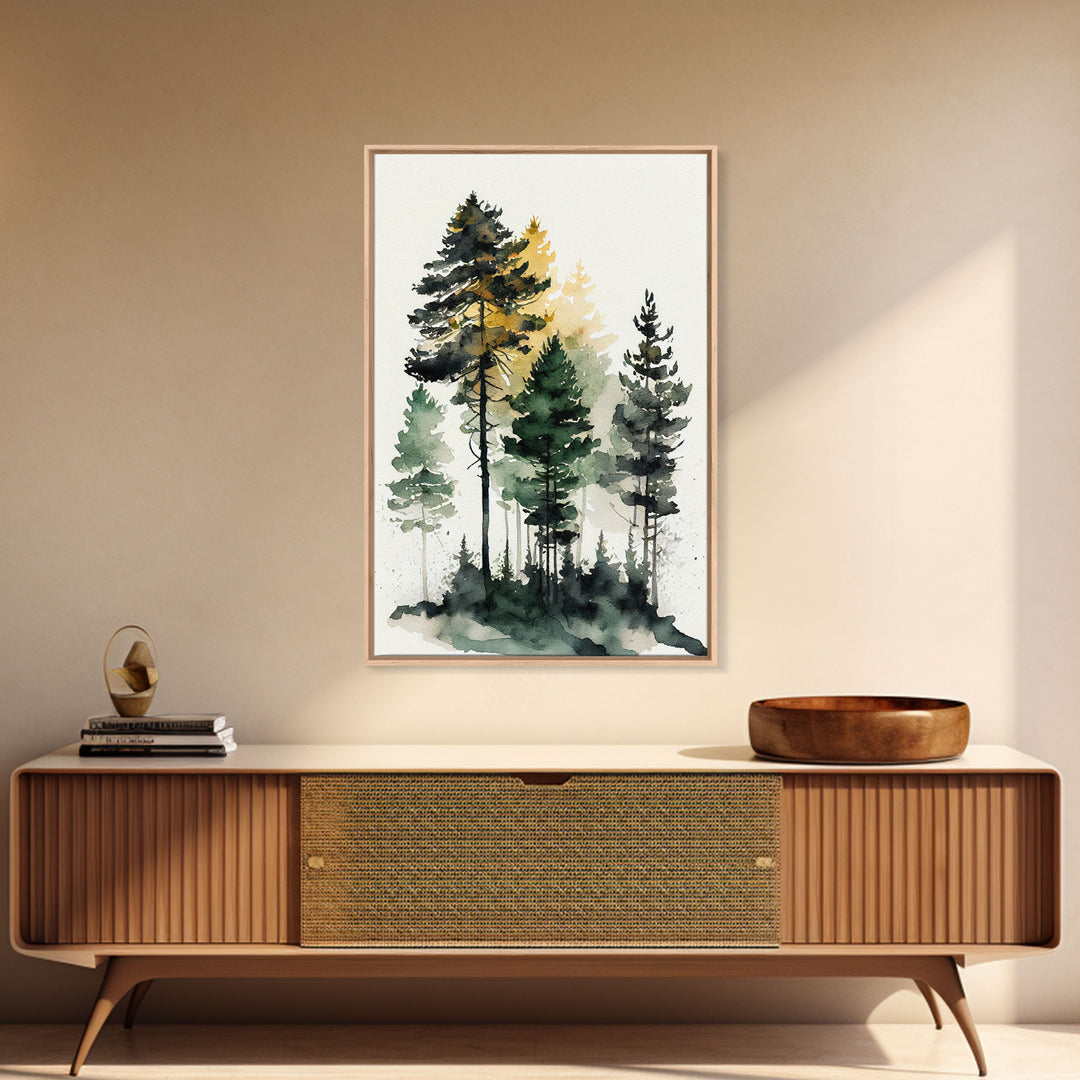 Watercolor pine tree forest, framed canvas print, cool wall art