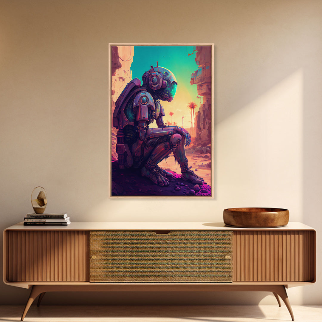 Android deep in thought, AI, fine art poster print