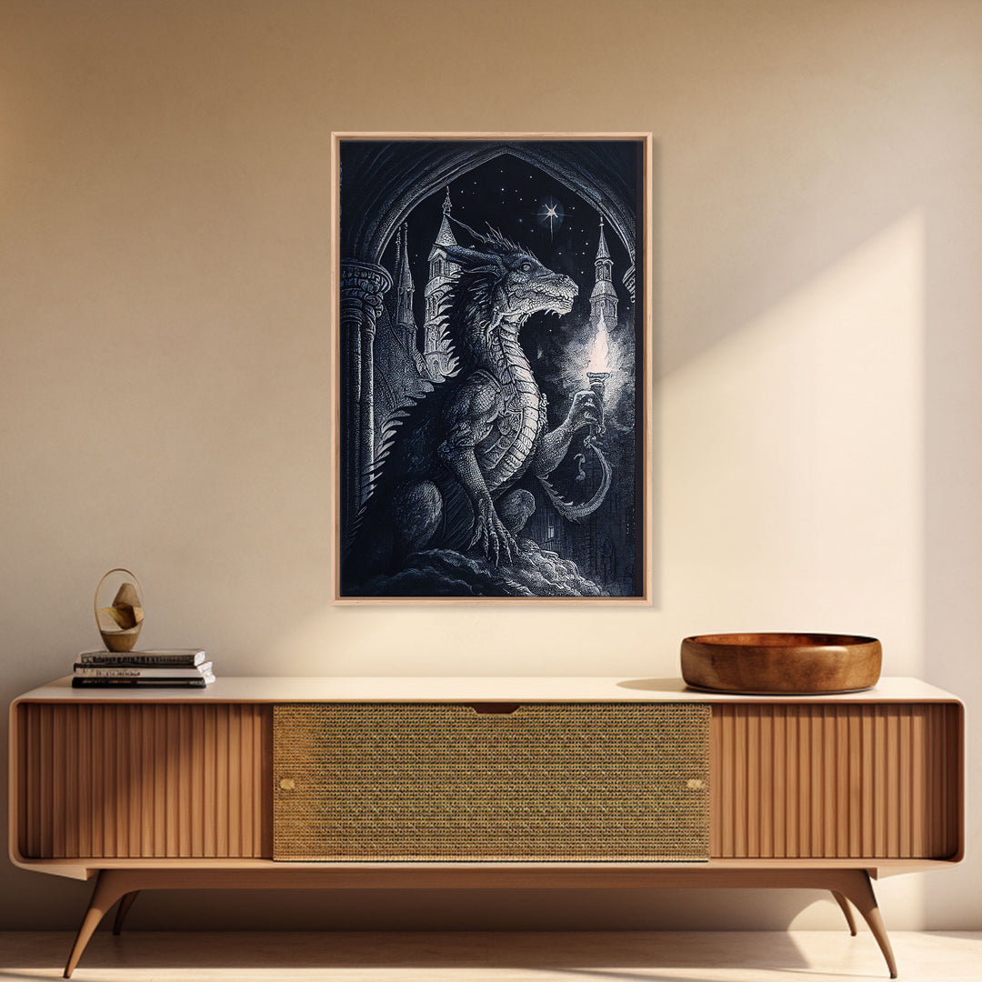 Dragon holding a torch, poster art, black and white dragon