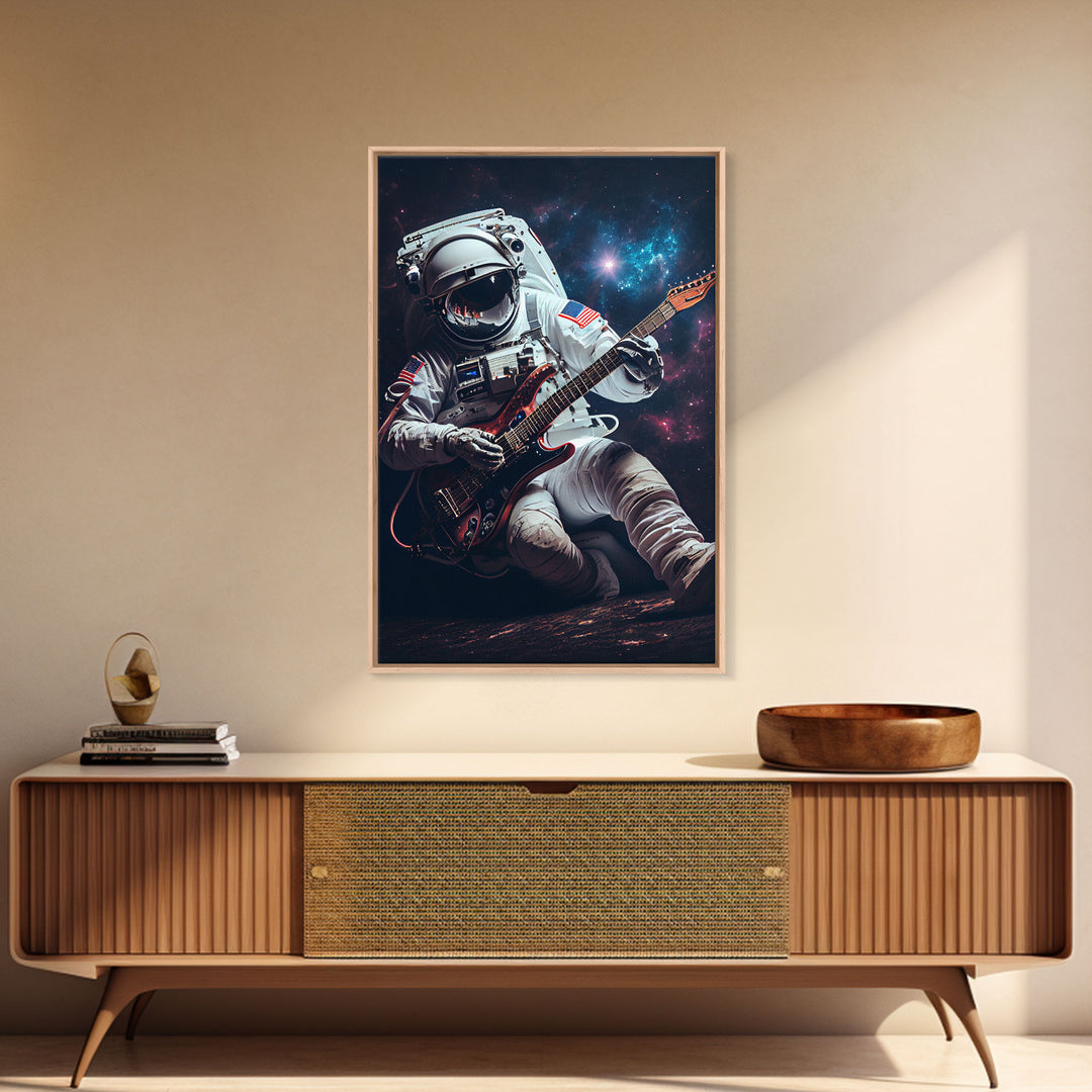 Jammin' in space, astronaut playing the guitar, framed canvas print