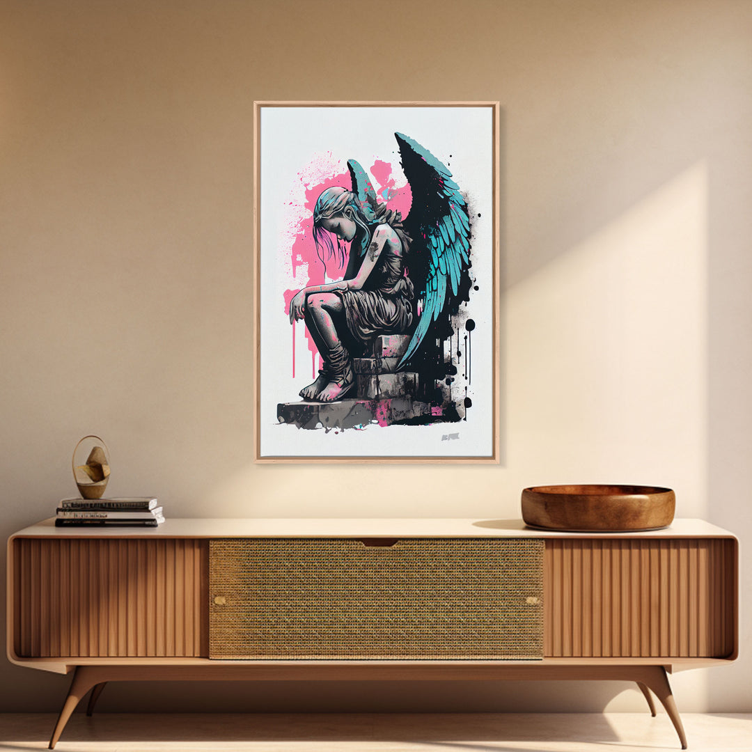 Sad angel graffiti art, street inspired art, framed canvas print, framed wall art