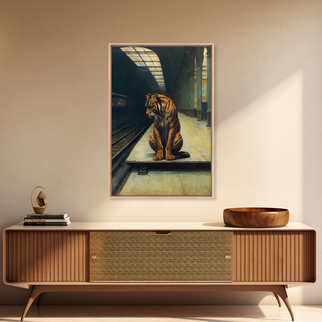 Tiger in a subway, urban decay, nature, framed canvas print, framed wall art