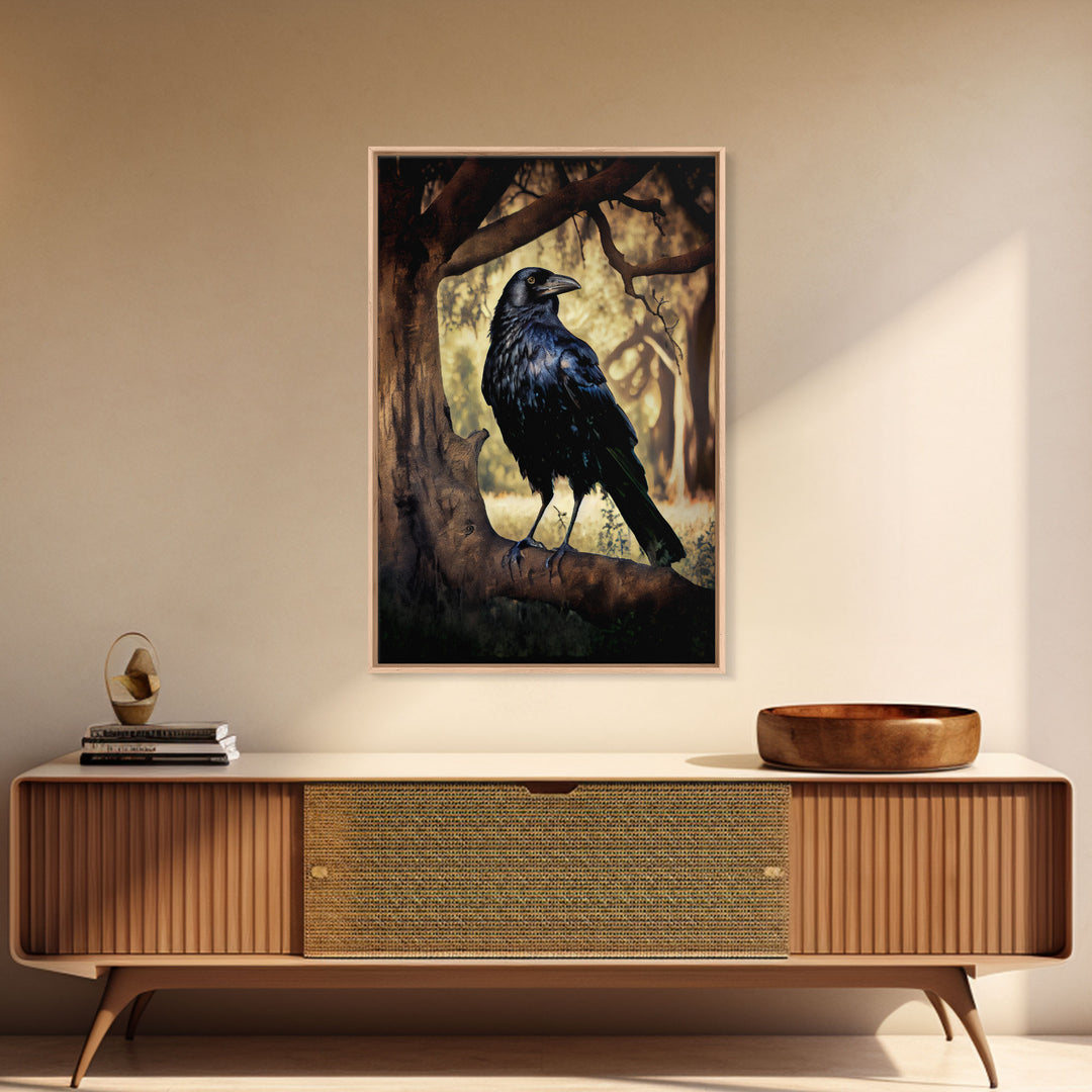 The raven, cool crow art, raven in a forest portrait, fine art poster print