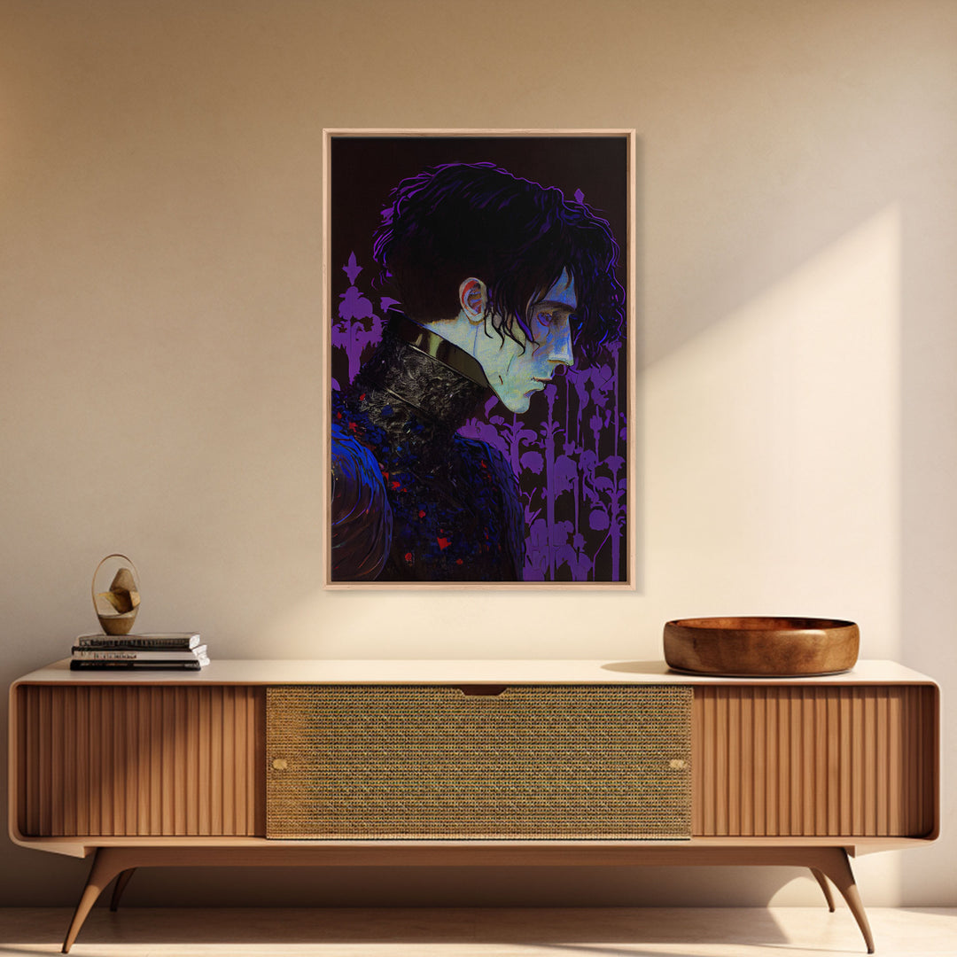 Portrait off the black knight, purple fantasy art, framed canvas print wall art