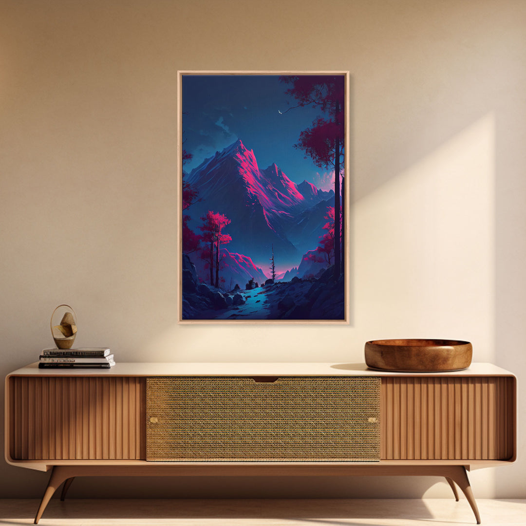 Vaporwave mountain landscape, pink and purple mountain art, framed canvas print