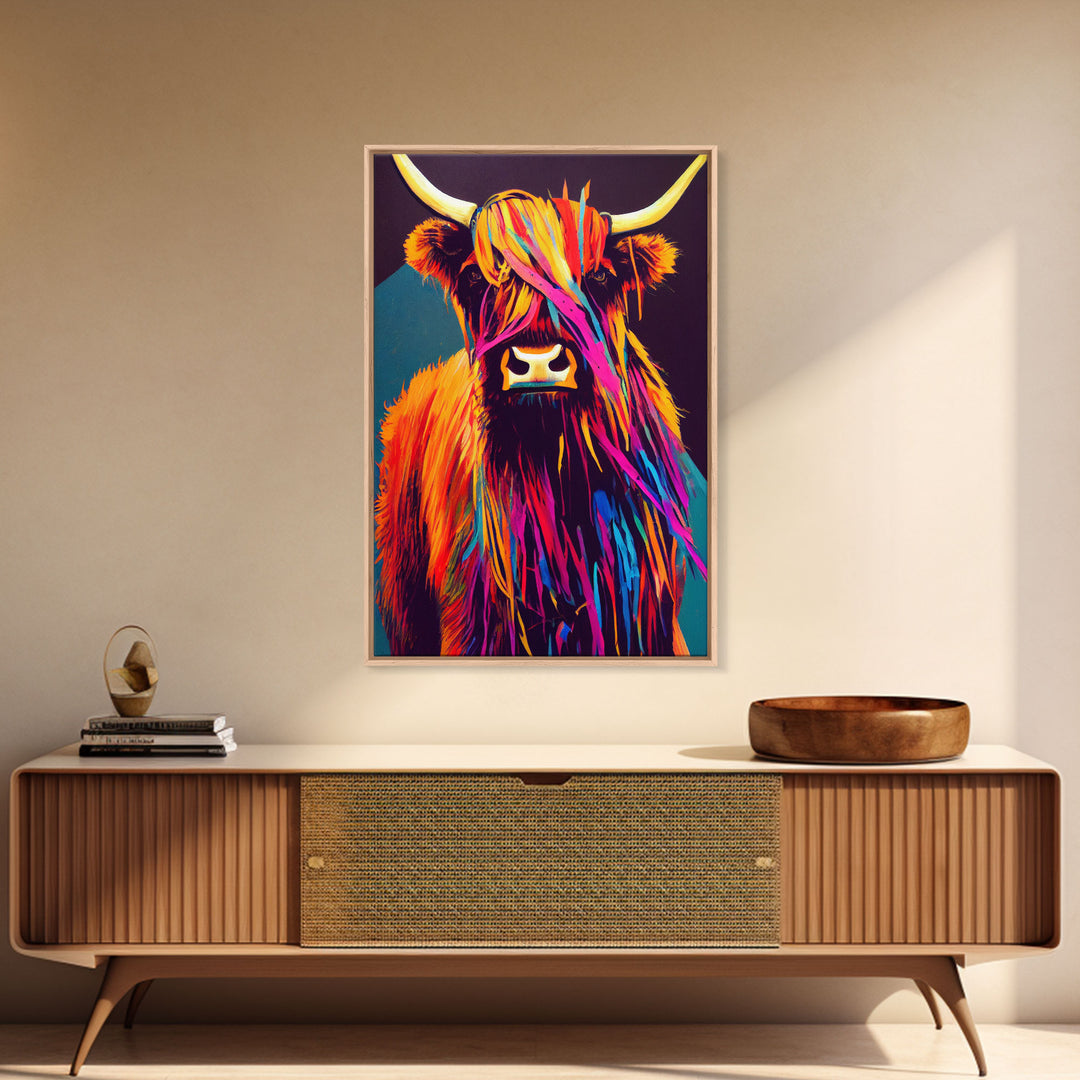 Colorful farmhouse art, Highland cow, Scotland cattle, framed canvas print