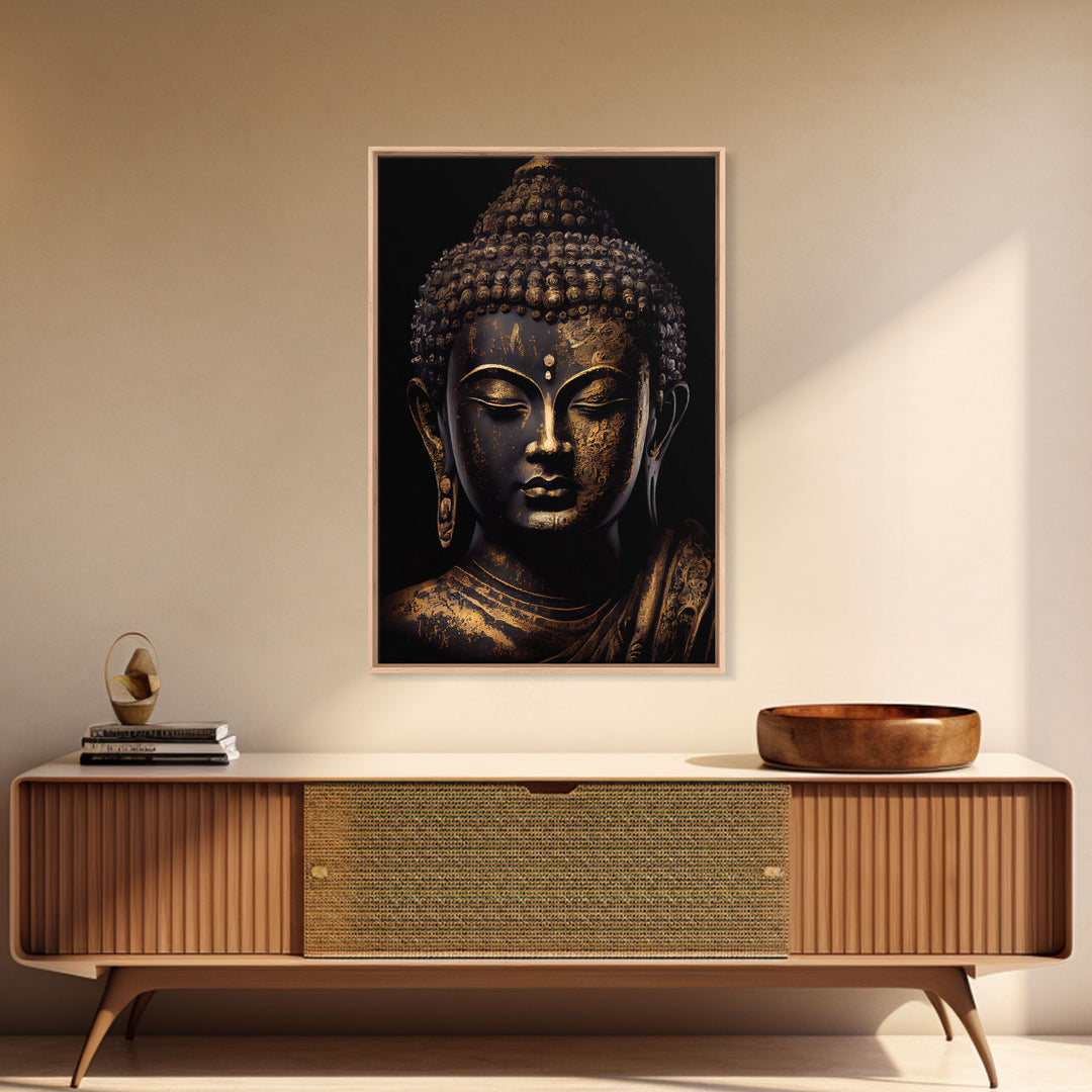 Gold and black Buddha, framed canvas print, zen center yoga art