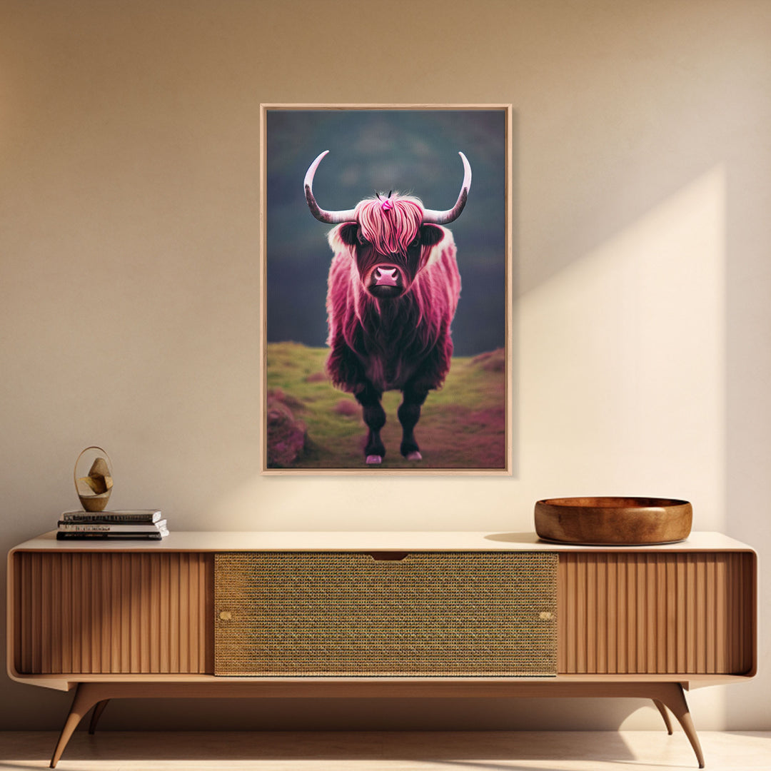 Colorful farmhouse art, Highland cow, Scotland cattle, framed canvas print, pink cow