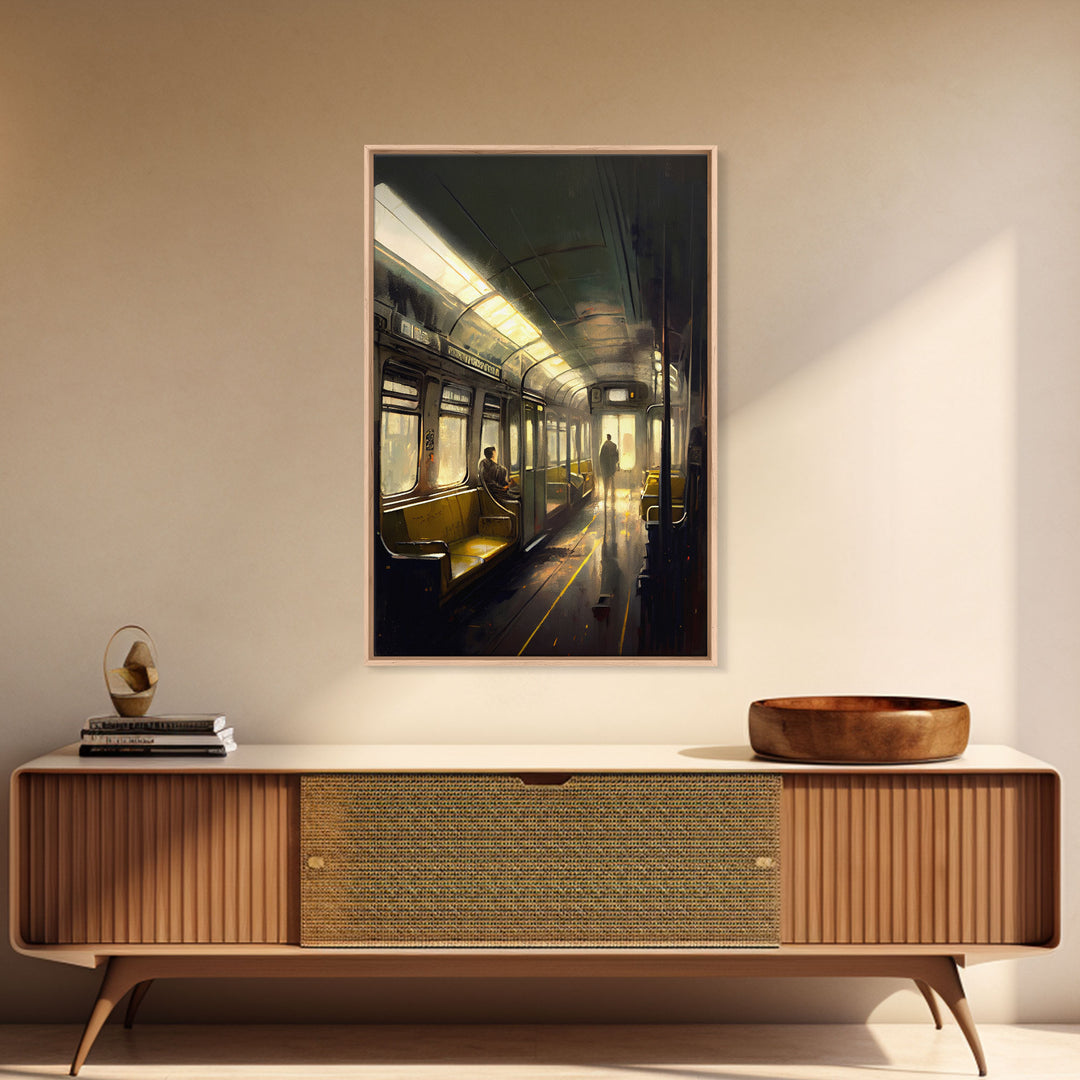 Still life on a subway, train art, framed canvas print