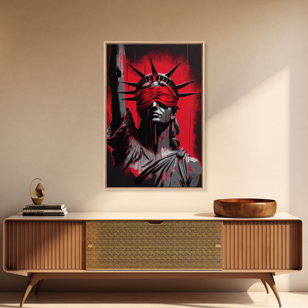 Blindfolded Statue of Liberty Graffiti art, framed canvas print, dystopian art