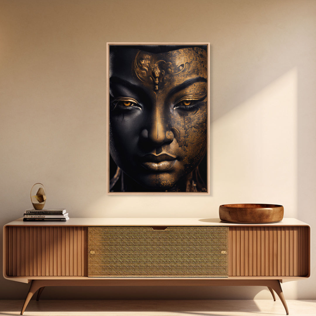 Golden eyed buddha statue framed canvas print, art for yoga studio, zen art