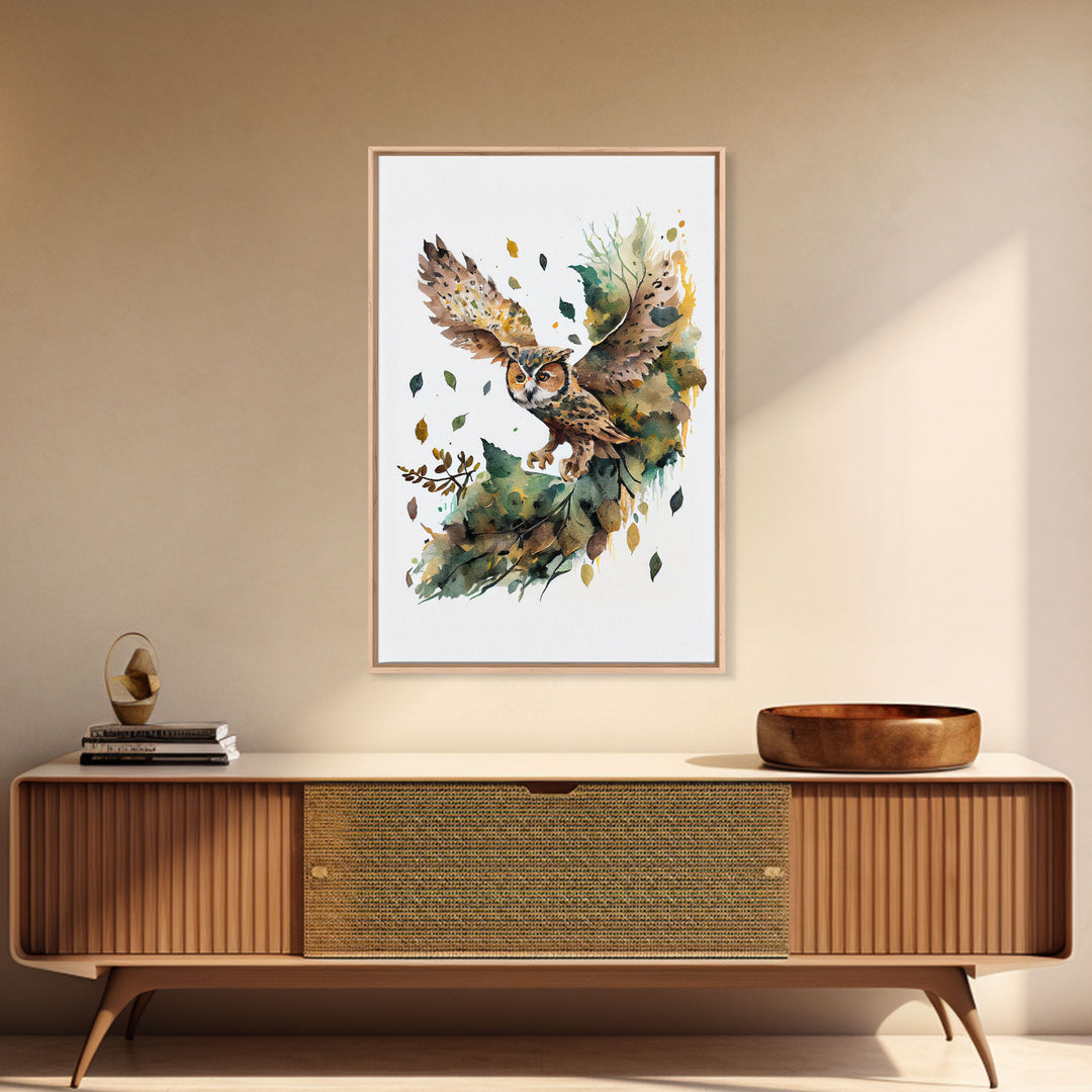 Watercolor of an owl in flight, owl portrait, framed canvas print, cool nature wall art