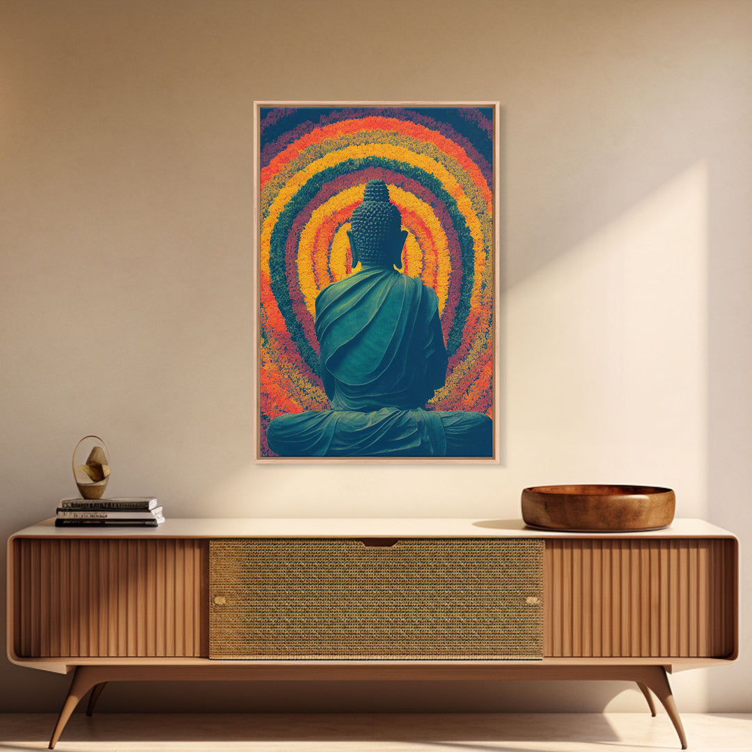 Colorful rainbow Buddha facing a ring of flowers, framed canvas print, yoga studio art