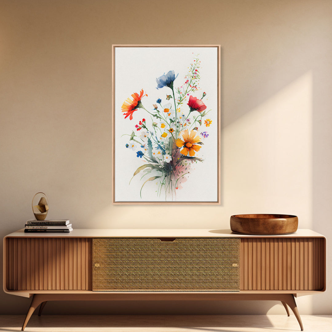 Colorful wildflowers, beautiful floral art, framed canvas print